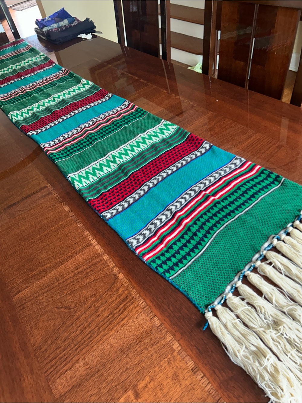 Striped Knit Fringe Scarf in Green, Turquoise & Red 14” x 77” probably wool - Picture 7 of 8